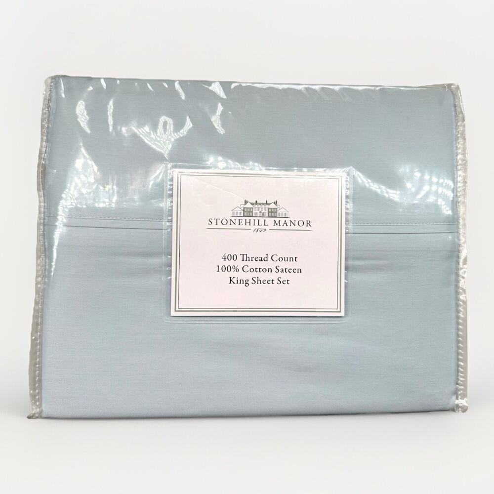 New Stonehill Manor Blue King Size Cotton Sateen 400 Thread Count Sheet Set